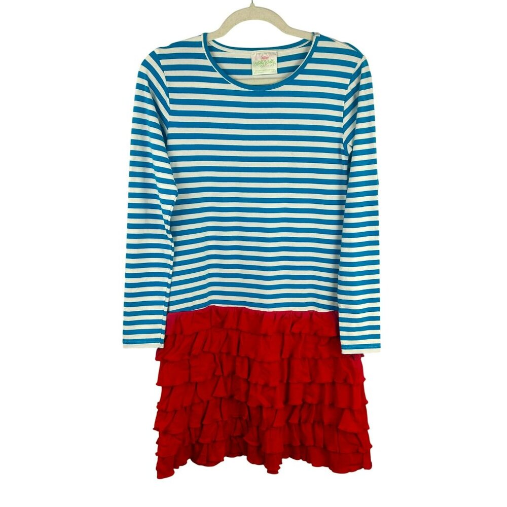 Lolly Wolly‎ Doodle Dress Girls 12 Blue Red Stripe Long Sleeve Ruffle Preppy